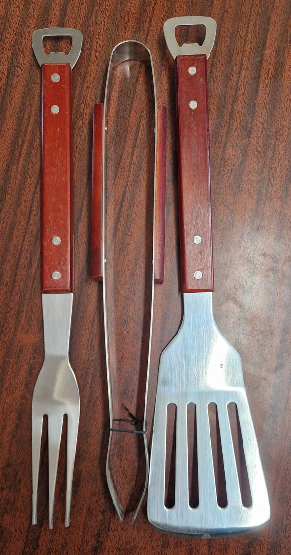 Grillbesteck 3-teilig Holzgriff mit Flaschenöffner