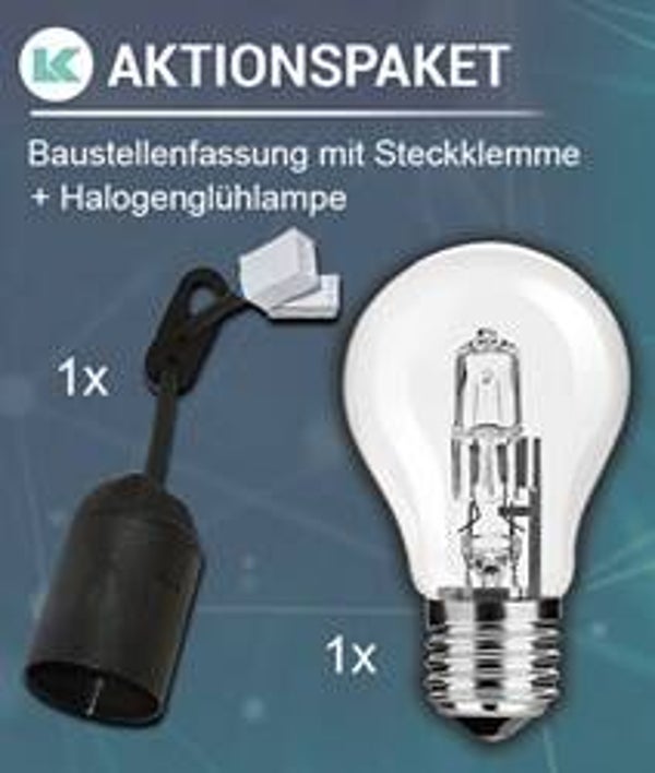 Baustellenfassung mit Steckklemme + Halogen-Glühlampe 105 W AKTION