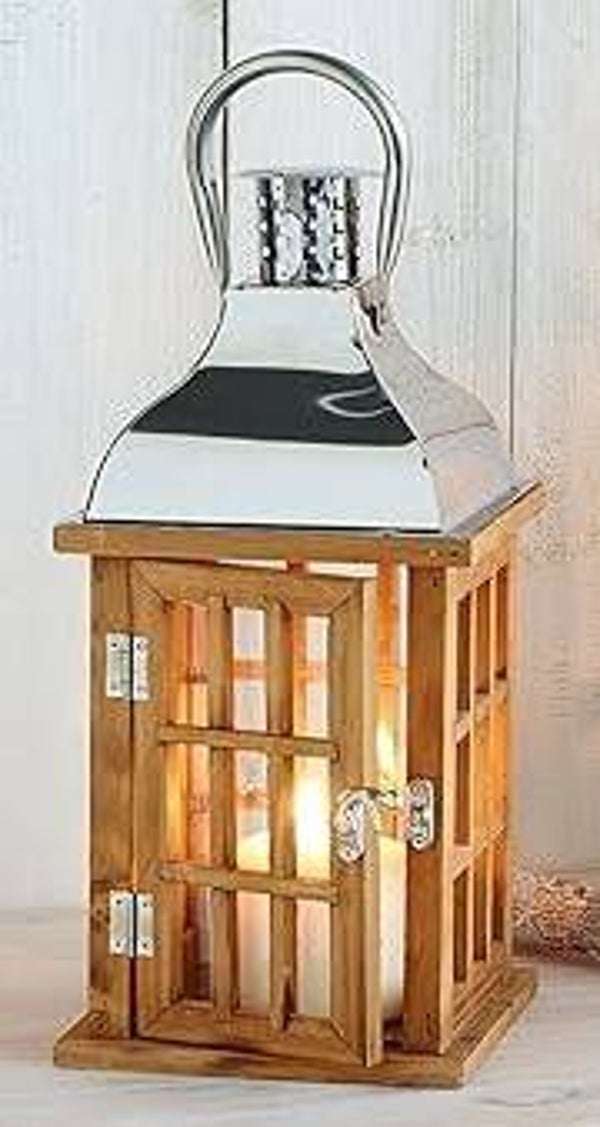 Laterne Holz 20 x 20 x 47 cm mit Edelstahl Dach und Griff