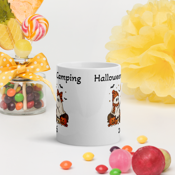 White Halloween Camping glossy mug