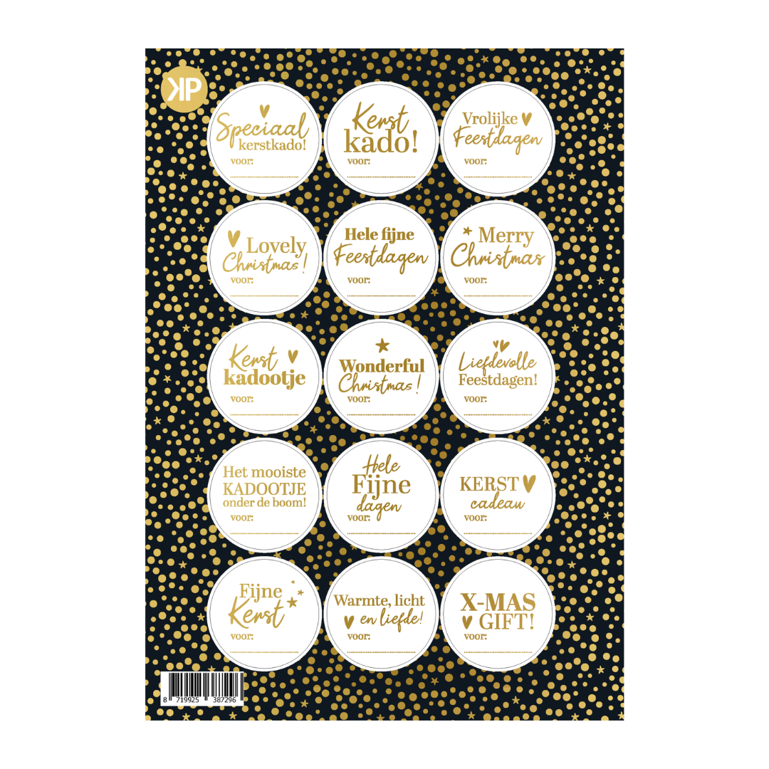 Stickervel 15 stickers - Kerst rond (wit/goud)
