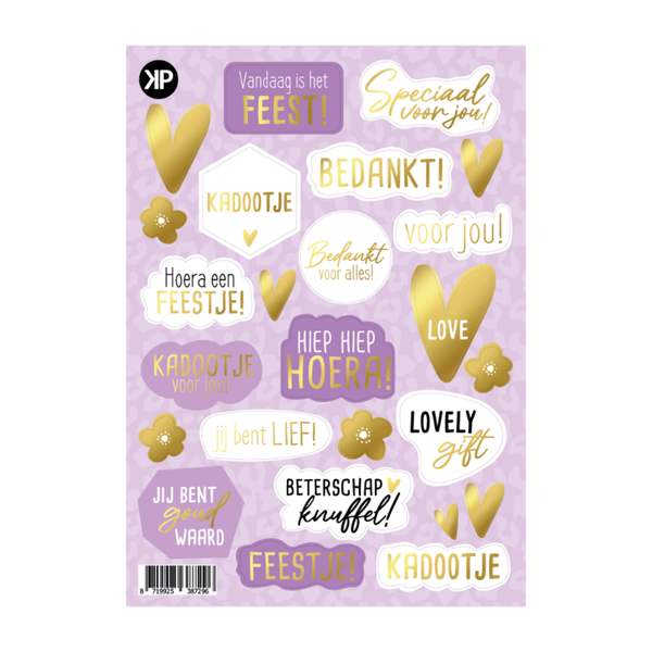 Stickervel 15 stickers - Paars‑Goud & Lieve Woorden