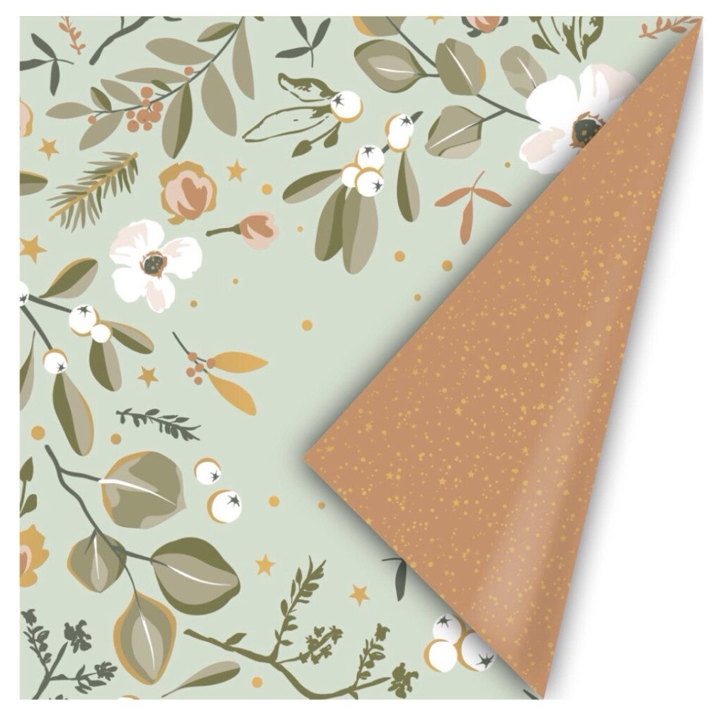 Cadeaupapier – Kerstbloemen & Sterren (Dubbelzijdig)