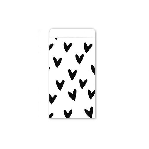 Cadeauzakje 7×13 cm - Wit met zwarte hartjes