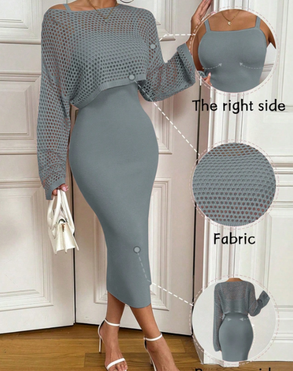 Ensemble 2 pièces-Robe midi moulante grise avec pull court ajouré assort