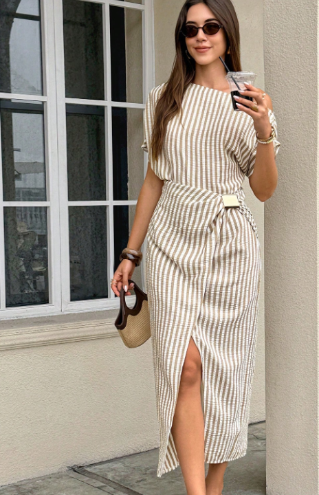 Robe Serisse à Rayure Beige
