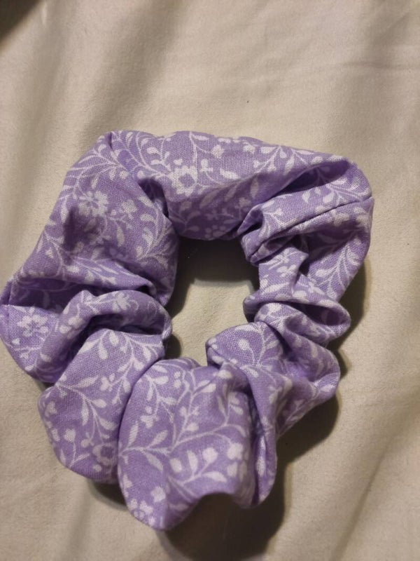 Women Scrunchie Cotton Fabric Purple With Floral Scrunchies Hair Tie Handmade