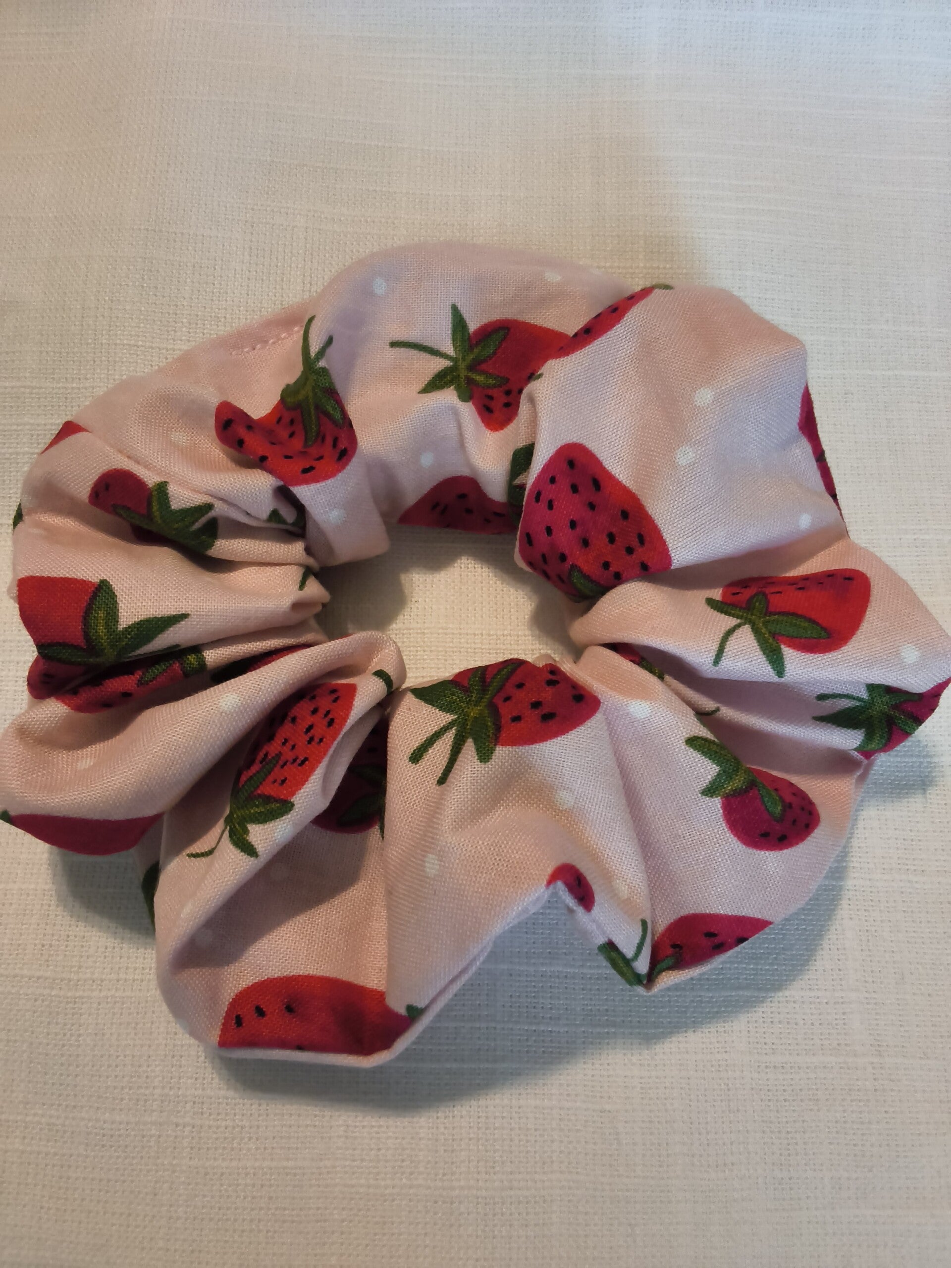 Women Scrunchie Cotton Fabric Pink With Strawberry Scrunchies Hair Tie Handmade