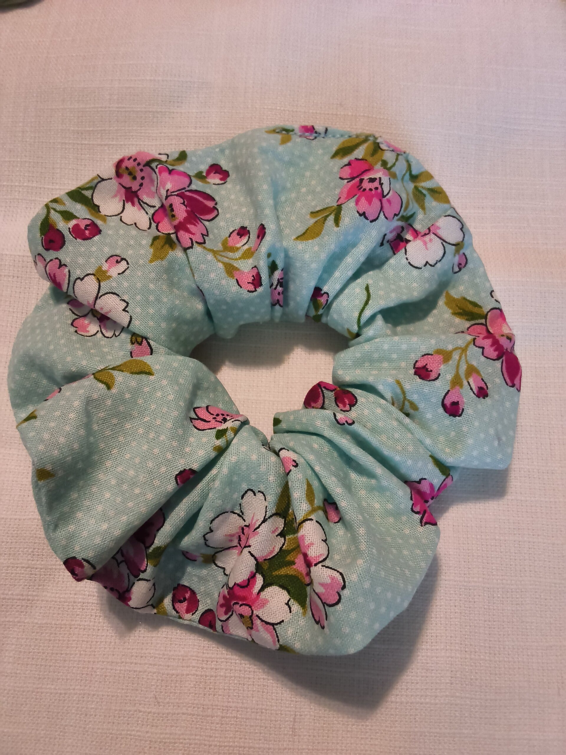 Large Scrunchie Cotton Fabric Light Blue with floral Print Scrunchies Hair Tie