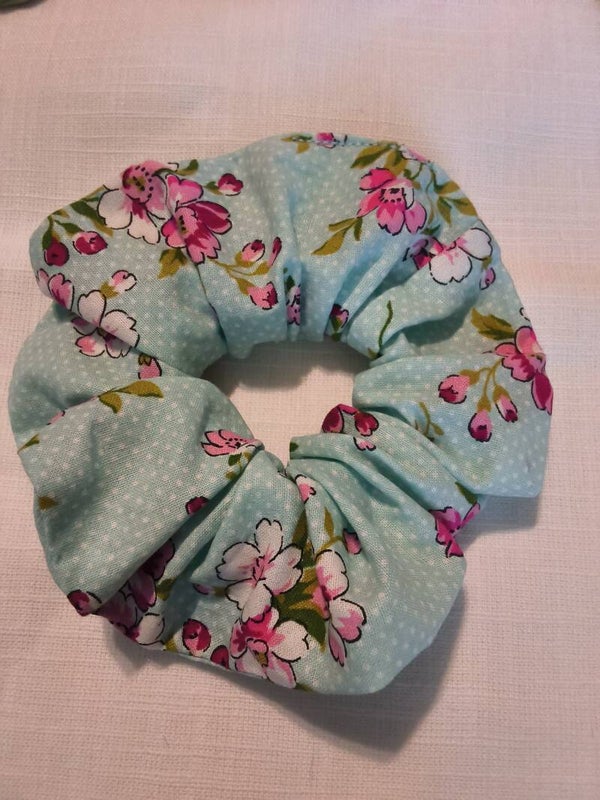 Large Scrunchie Cotton Fabric Light Blue with floral Print Scrunchies Hair Tie