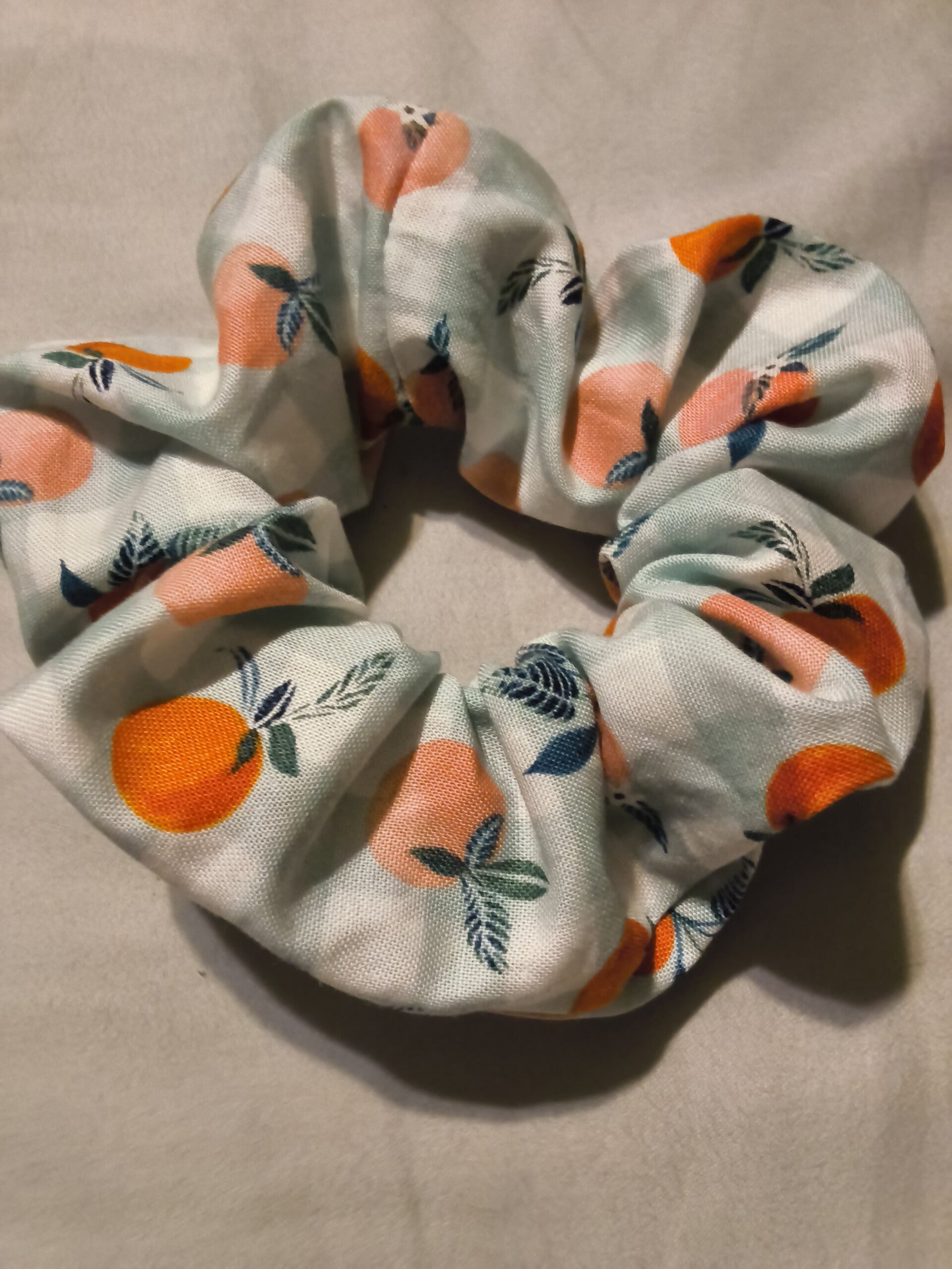 Scrunchie Cotton Fabric Blue / White With Peaches Scrunchies Hair Tie Handmade
