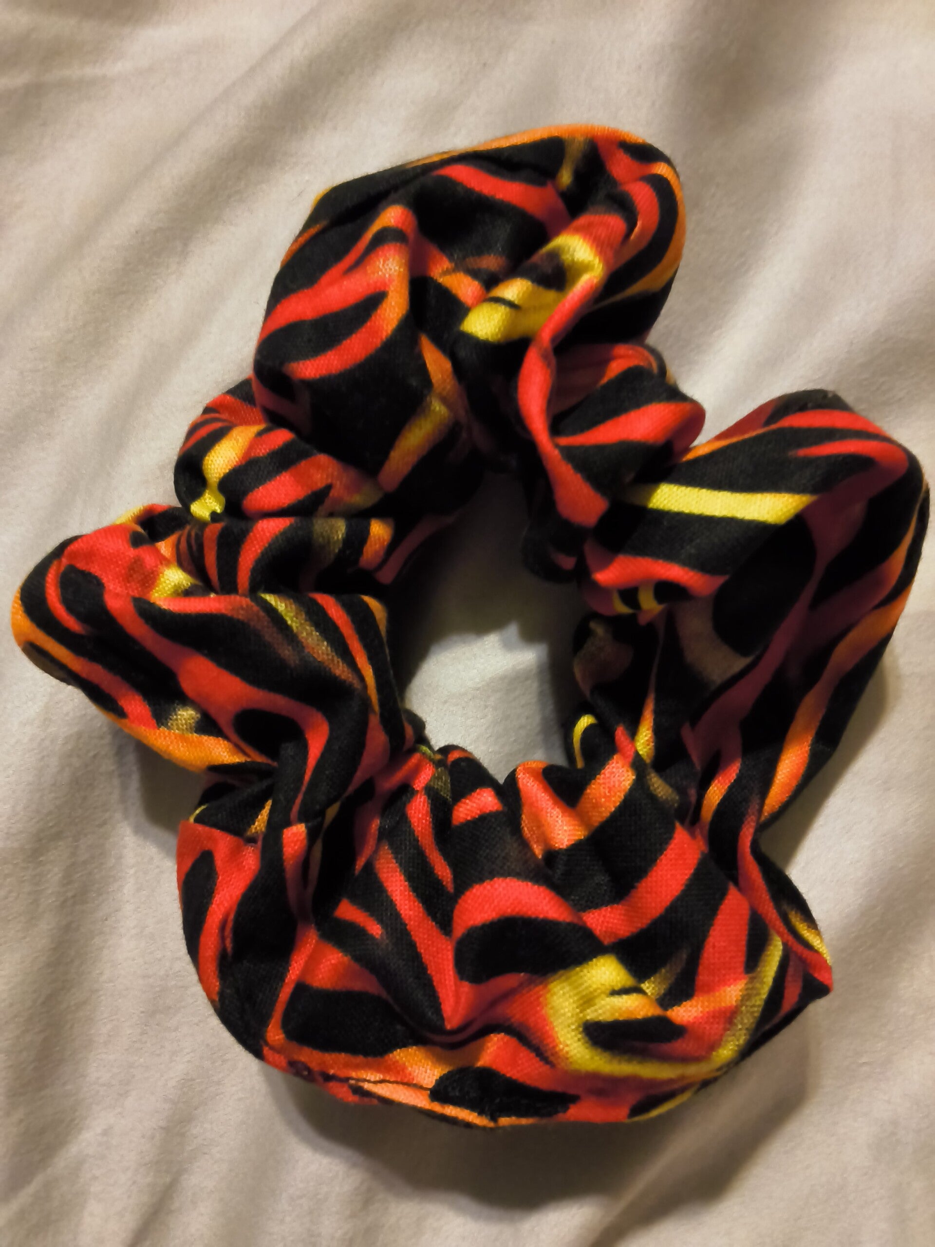 Large Scrunchie Cotton Fabric Black with Flames Print Scrunchies Hair Tie