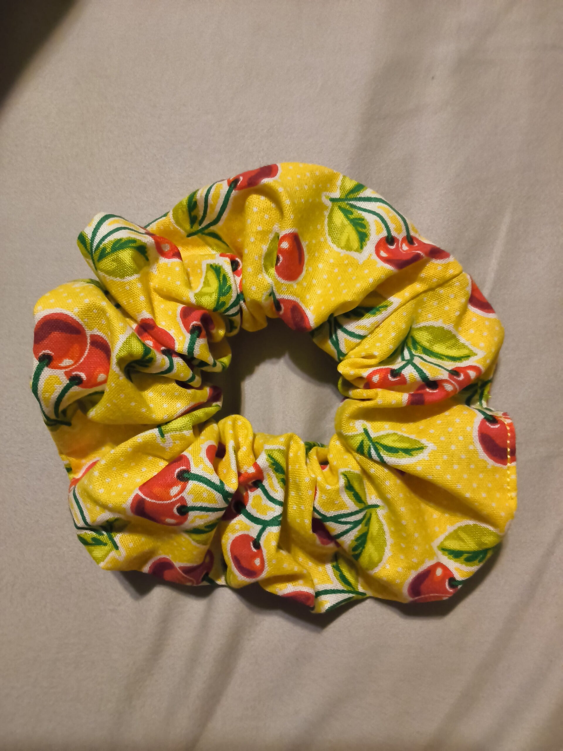Women Scrunchie Cotton Fabric Yellow with Cherry Scrunchies Hair Tie Handmade