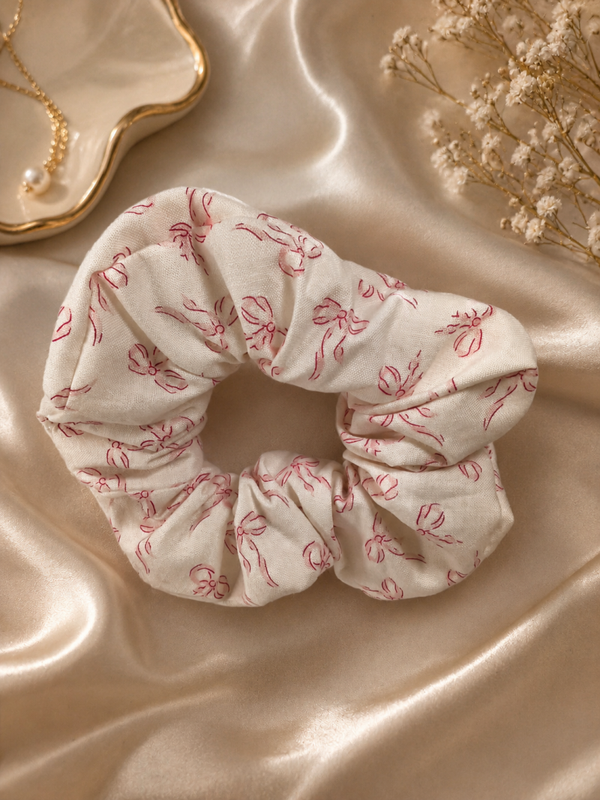 Women Large Scrunchie Cotton Fabric White With Pink bow  Scrunchies Hair Tie