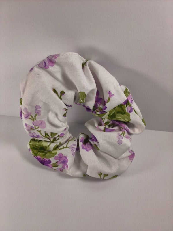 Women Large Scrunchie Cotton Fabric White With Floral Scrunchies Hair Tie