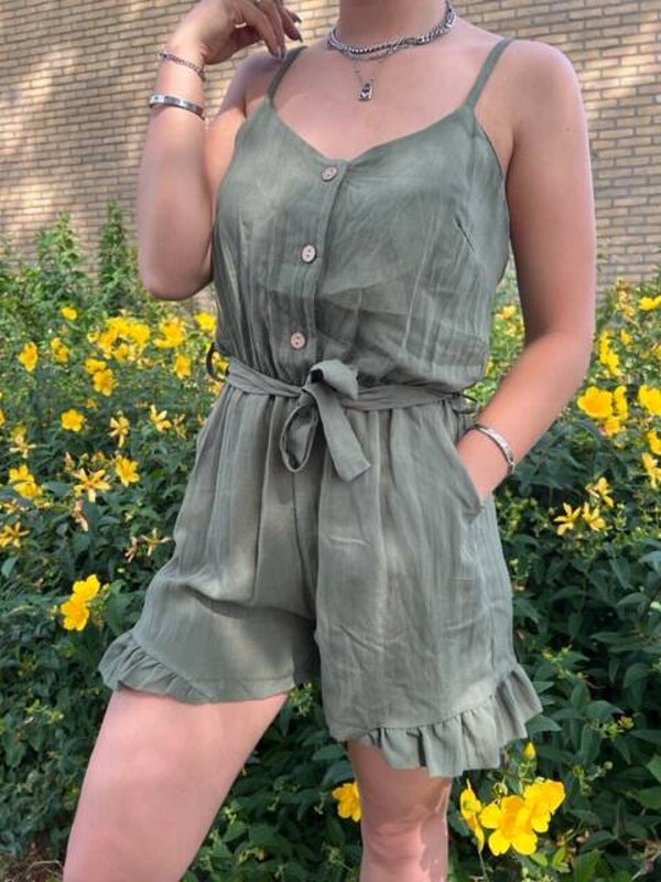 Sleeveless ruffle playsuit army green