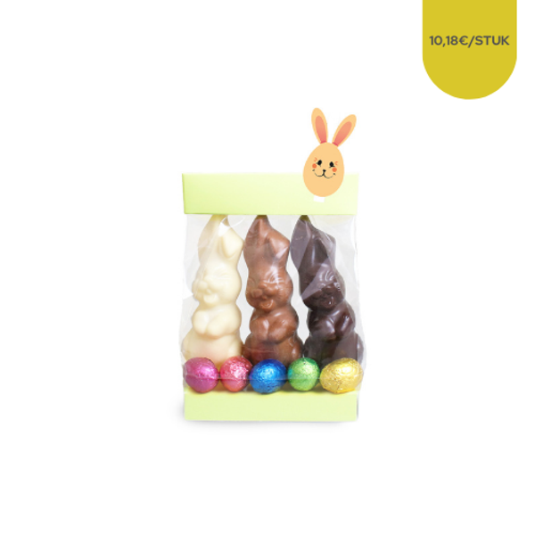 Lachende haasjes 3x12 cm & 5 kleine paaseitjes 175gr