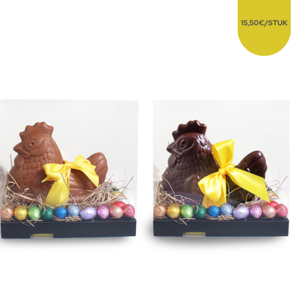 Luxe paasdoos kip op mand 12 cm (melk) / 13 kleine paaseitjes 260 gr