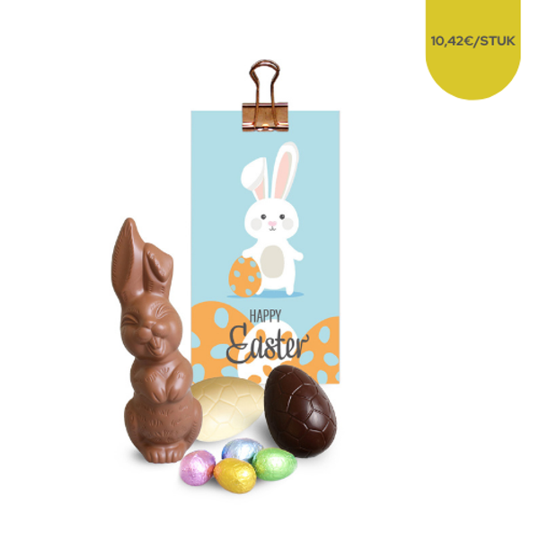 Zakje lachende haas 17 cm / 2 paaseieren 7 cm / 4 kleine paaseitjes 205 gr