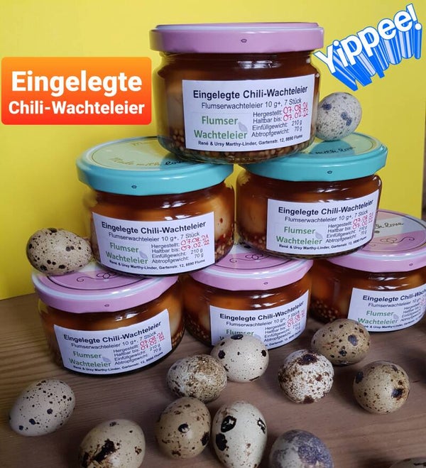 Eingelegte Chili-Wachteleier ( 10 g+ )  7 Stück pro Glas