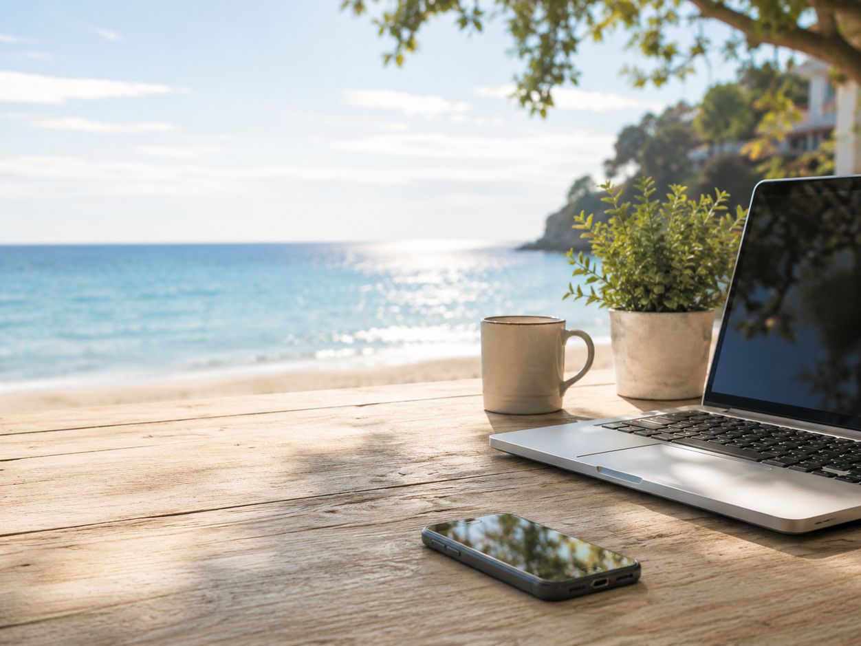 Ordinateur et smartphone dans une ambiance estivale