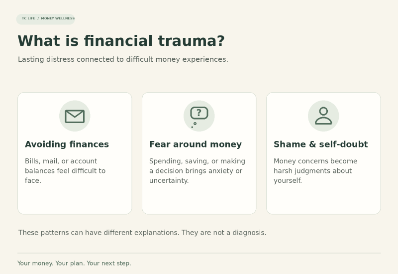 Money-distress patterns including avoiding finances, fear around money, and shame or self-doubt.