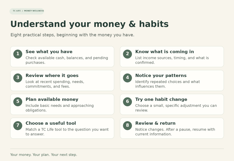 Eight steps covering available money, incoming income, spending, habits, planning, tools, and reviewing progress.