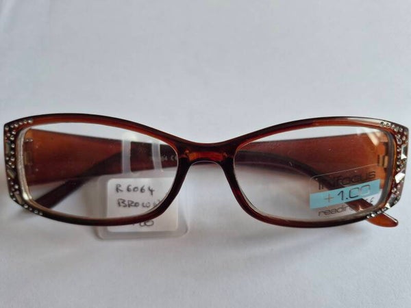 R6064 +1.00 Ladies Brown Retro Diamante Fashion Reading Glasses
