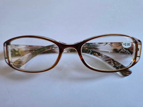 Sue +2.00 Ladies Brown Feather Reading Glasses