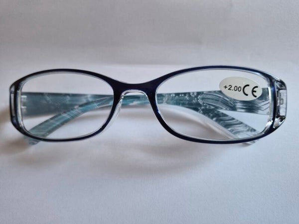 Sue +2.00 Ladies Blue Feather Reading Glasses