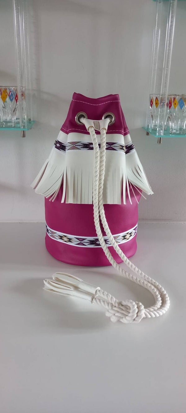 Vinyl  Duffle Bag in Raspberry Pink and white