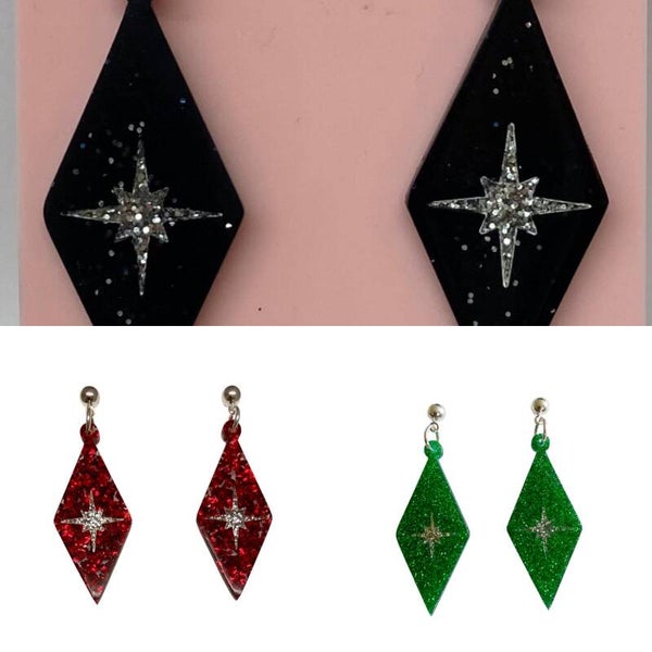 Harlequin Earrings in Various Glitter materials with Atomic starburst centres