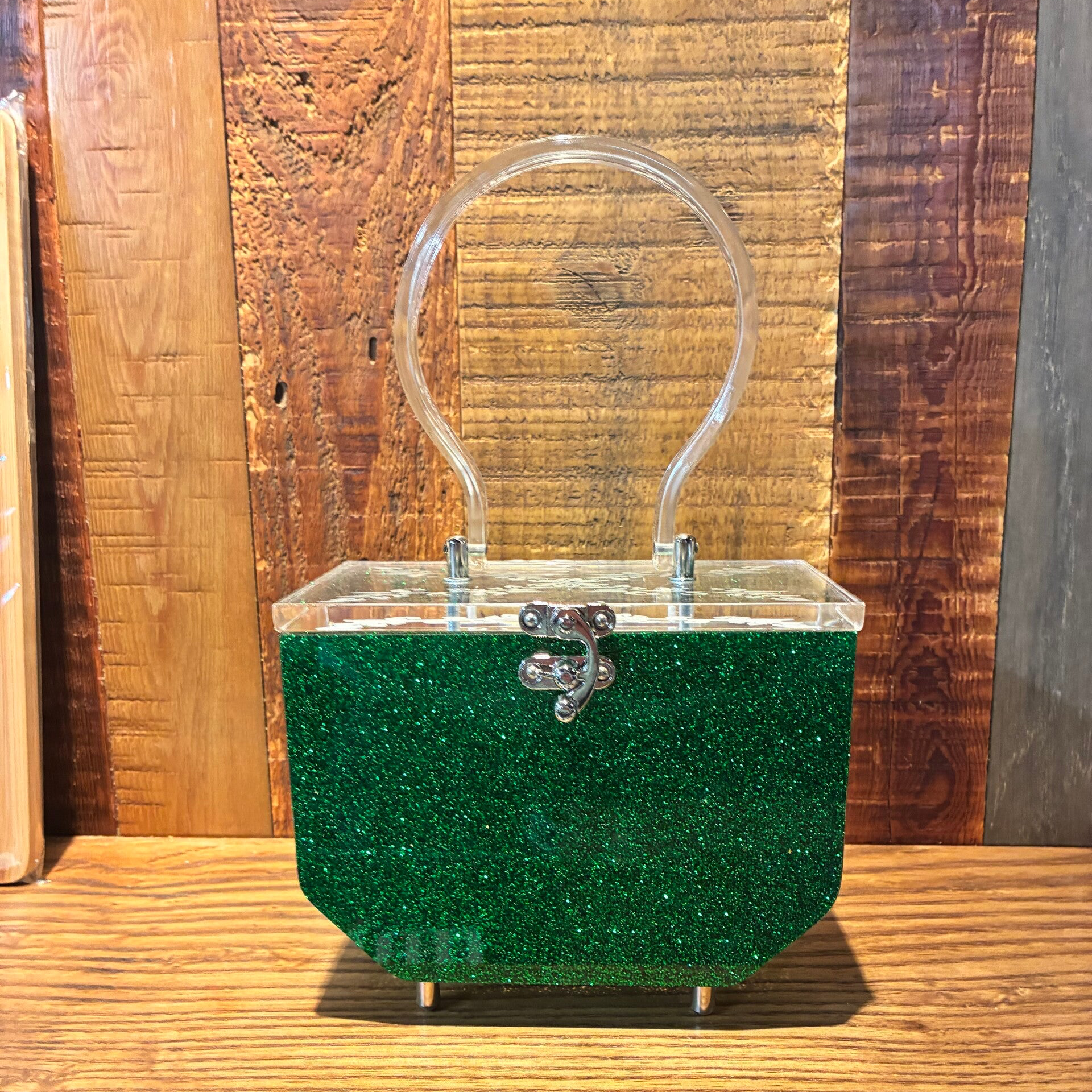 Art Deco Lucite style Box Purse in Green glitter