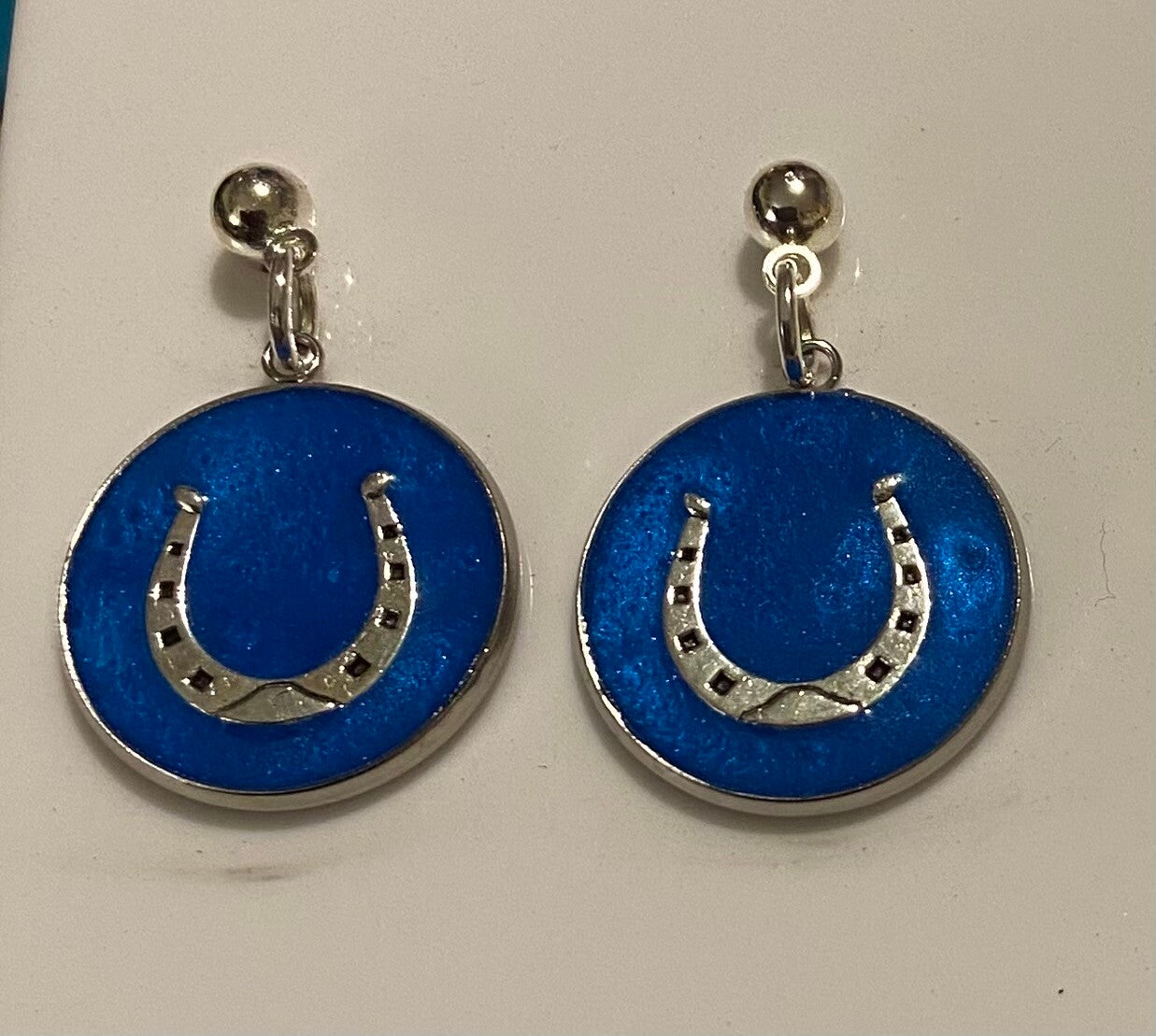 Horseshoe Penny Disc  Earrings. Navy Blue