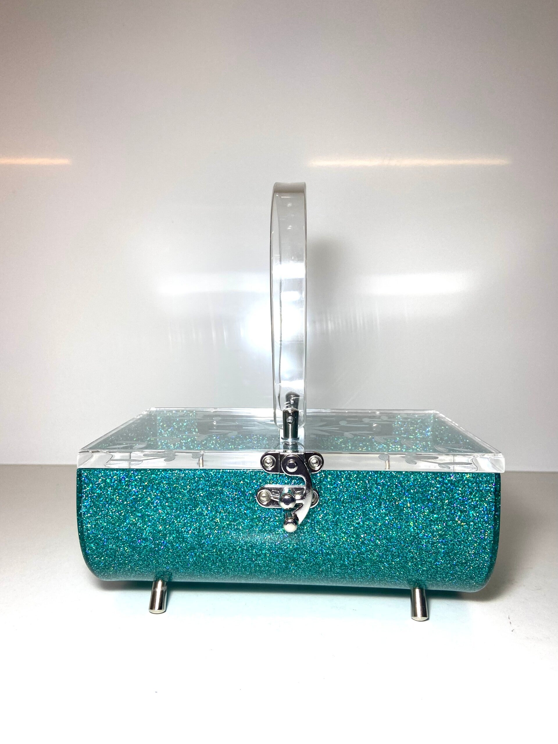 Half Barrel Lucite style Purse in Turquoise Glitter
