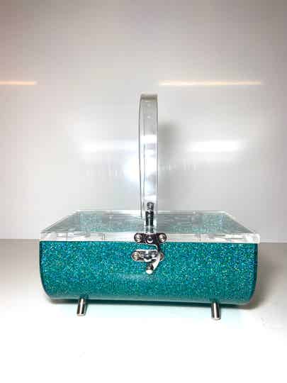 Half Barrel Lucite style Purse in Turquoise Glitter