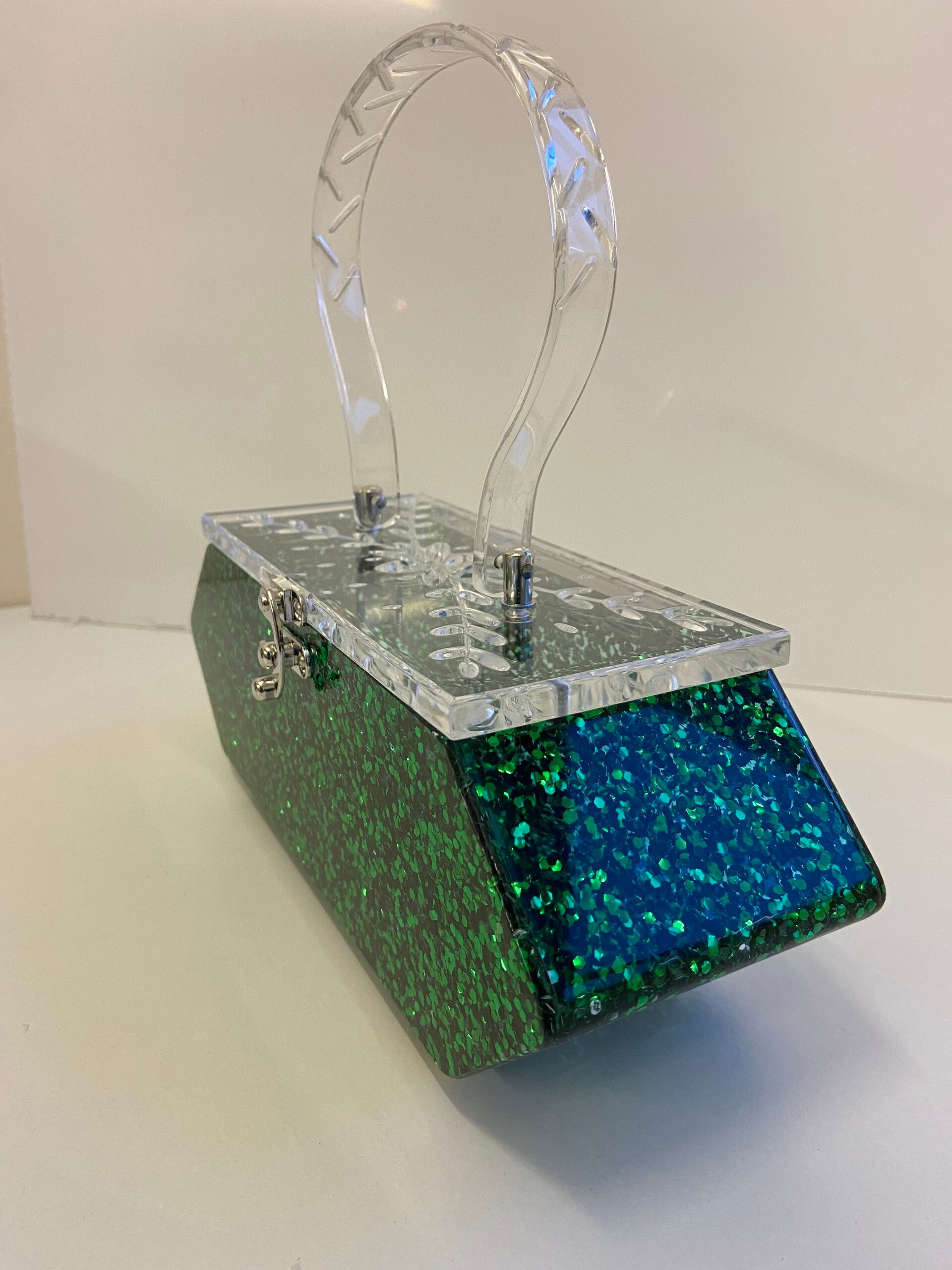 La Premiere Lucite vintage style Purse. Green Flake Glitter