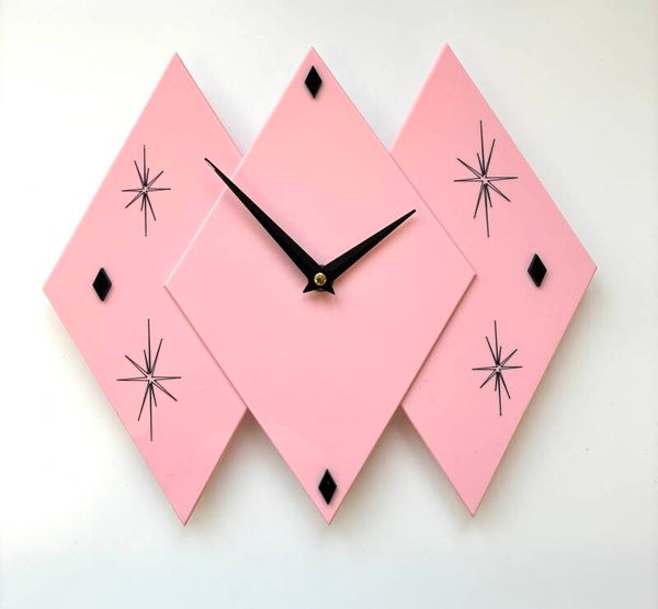Medium Harlequin Clock with Atomic Starburst Baby Pink