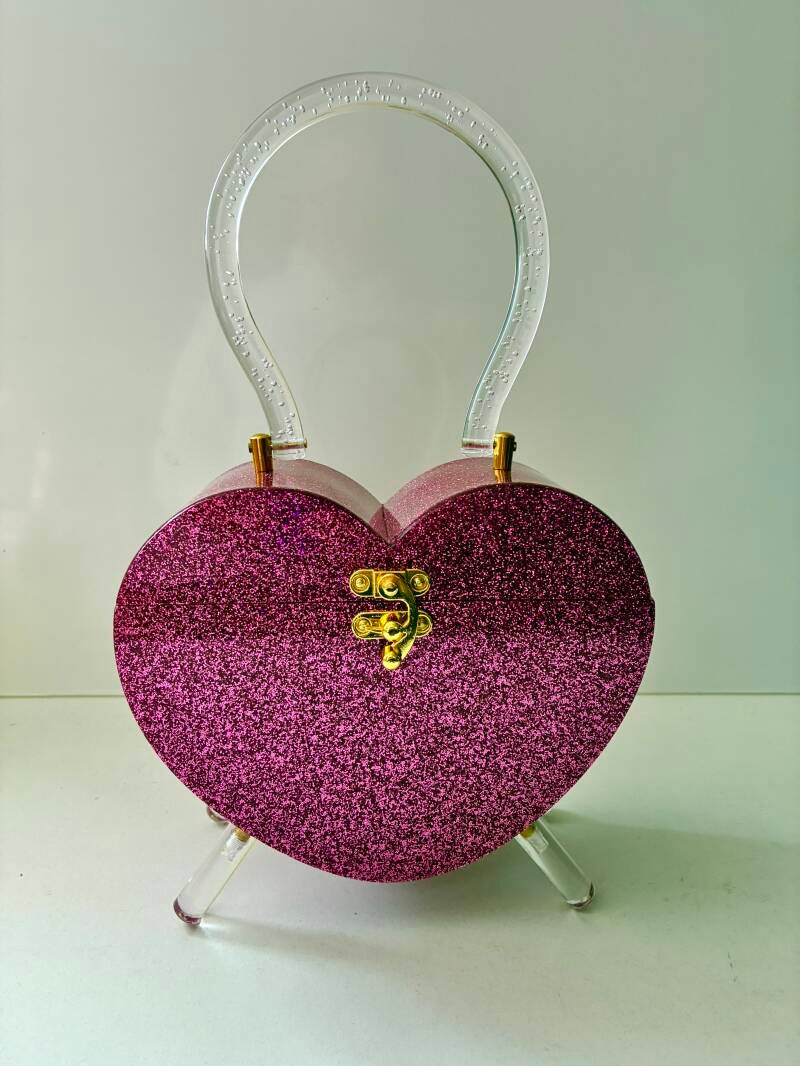 Heart Lucite style purse. Rich pink glitter Bubble Handle