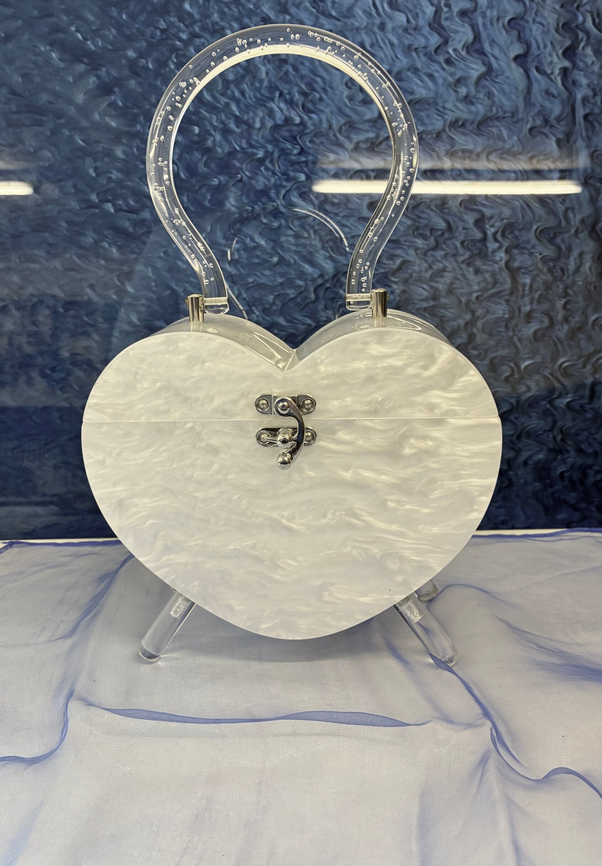 Heart Lucite style purse. White Pearl Marble