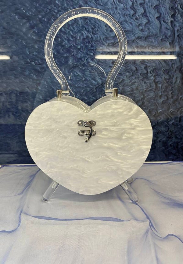 Heart Lucite style purse. White Marble Bubble Handle