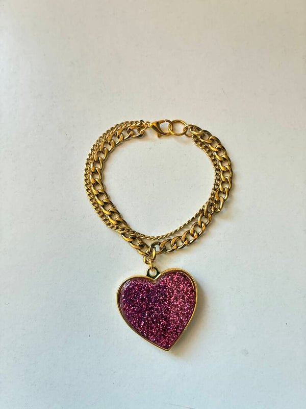 1950’s Large Heart Bracelet Rich pink glitter