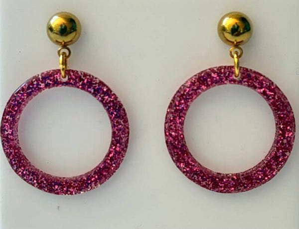 1950’s Marylyn Hoop style earrings Rich Pink Glitter