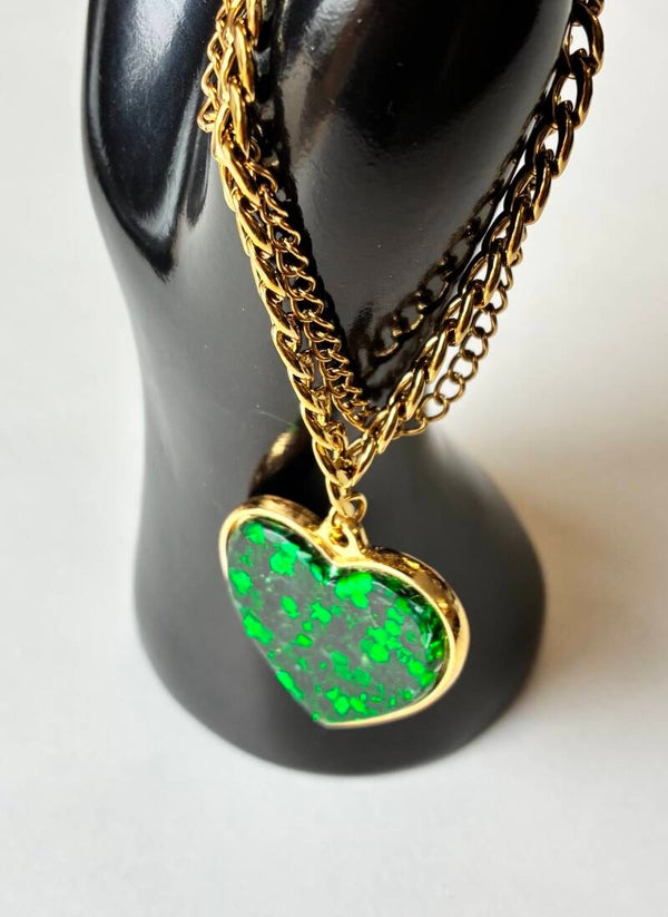 1950’s Large Heart Bracelet Green chunky glitter
