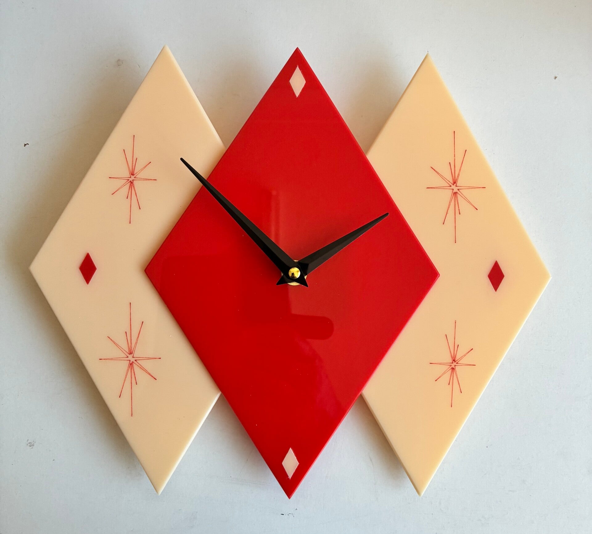 Harlequin Clock with Atomic Starburst Red & Cream