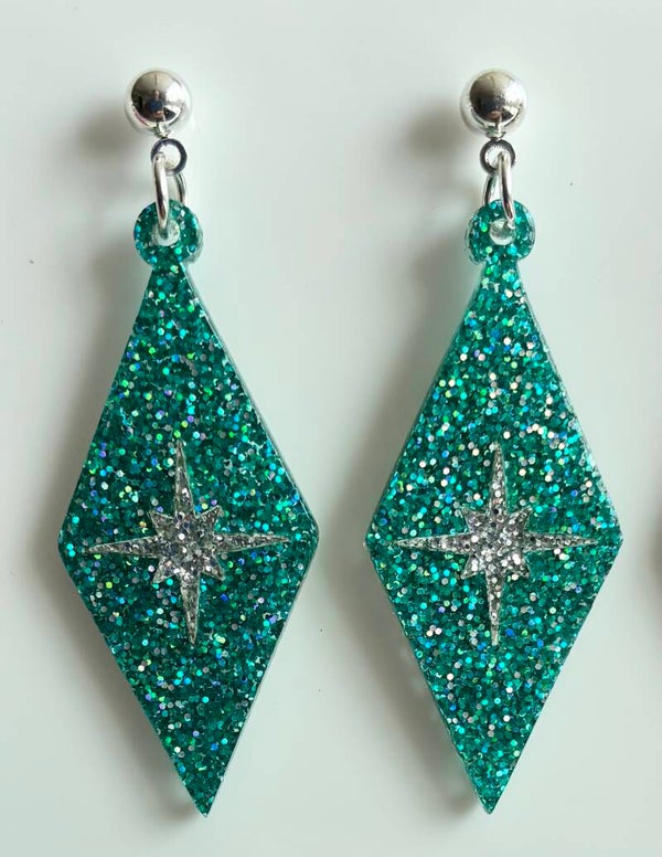 Harlequin Earrings in Various Glitter materials with Atomic starburst centres