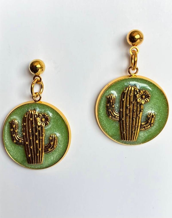 Cactus Penny Disc  Earrings. Pearl Green