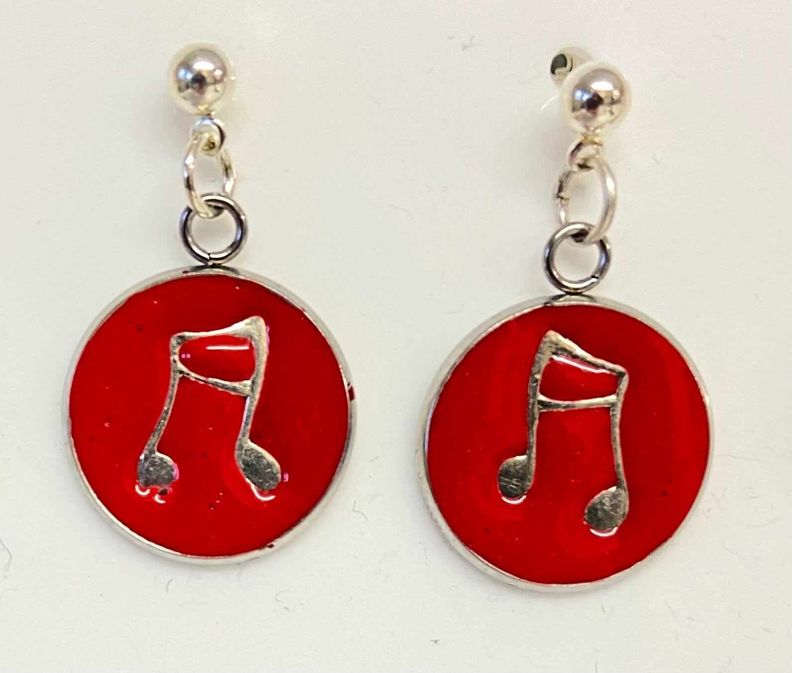 Musical Note Penny Disc  Earrings. Red