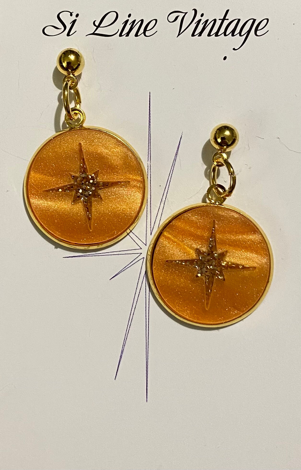 Atomic Starburst Disc Earrings. Orange Marble