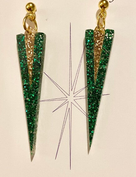 1950’s/Art Deco earrings in Green & Gold Glitter